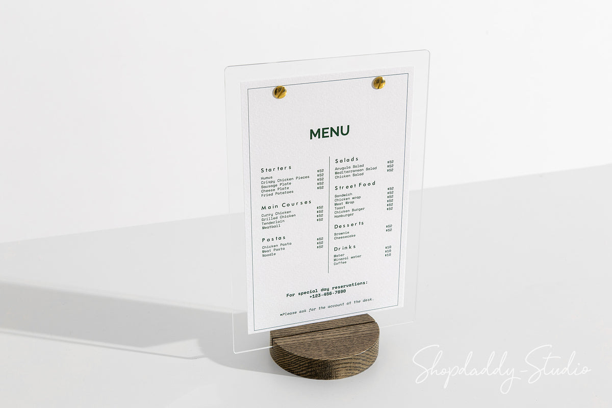 Acrylic Table Stand Menu Holder with Wooden Walnut Round Stand for restaurant