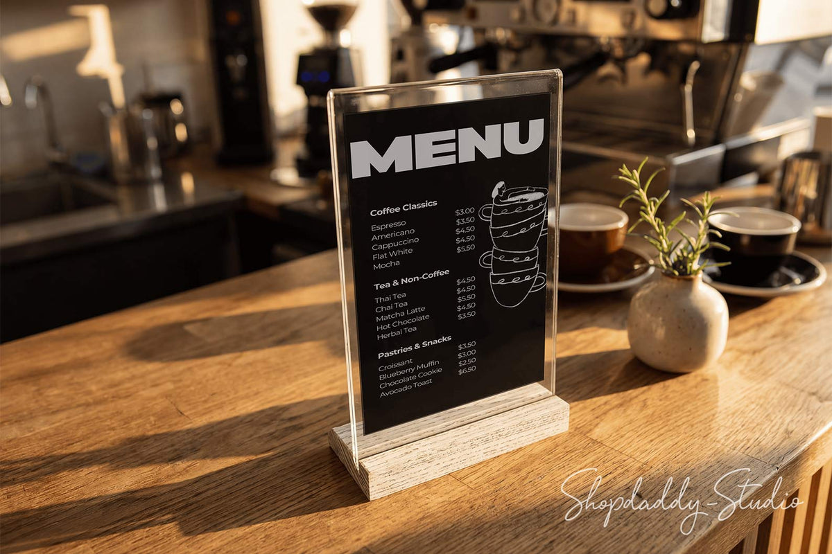 Acrylic Table Tent with White Wooden Inclined Stand for Menu Display
