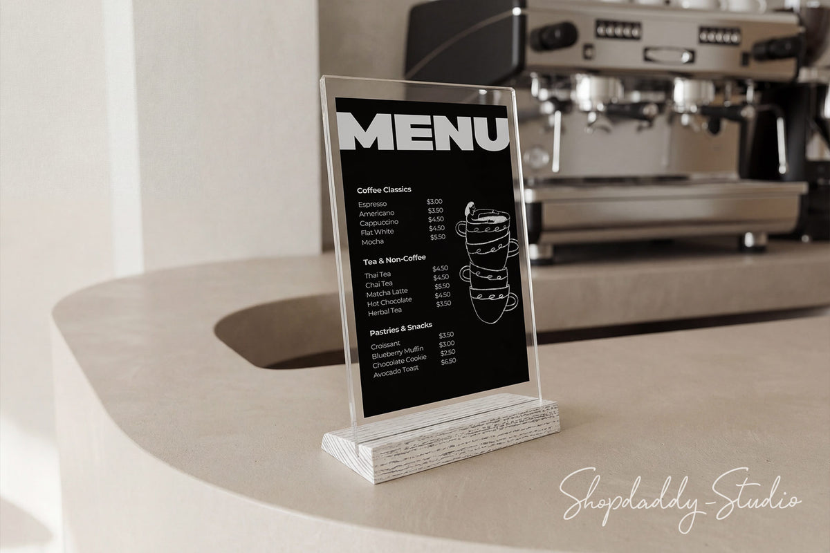 Acrylic Table Tent with White Wooden Inclined Stand for Restaurants