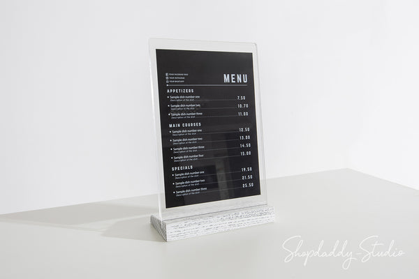 Acrylic Table Tent with White Wooden Inclined Stand for Tabletop Menus