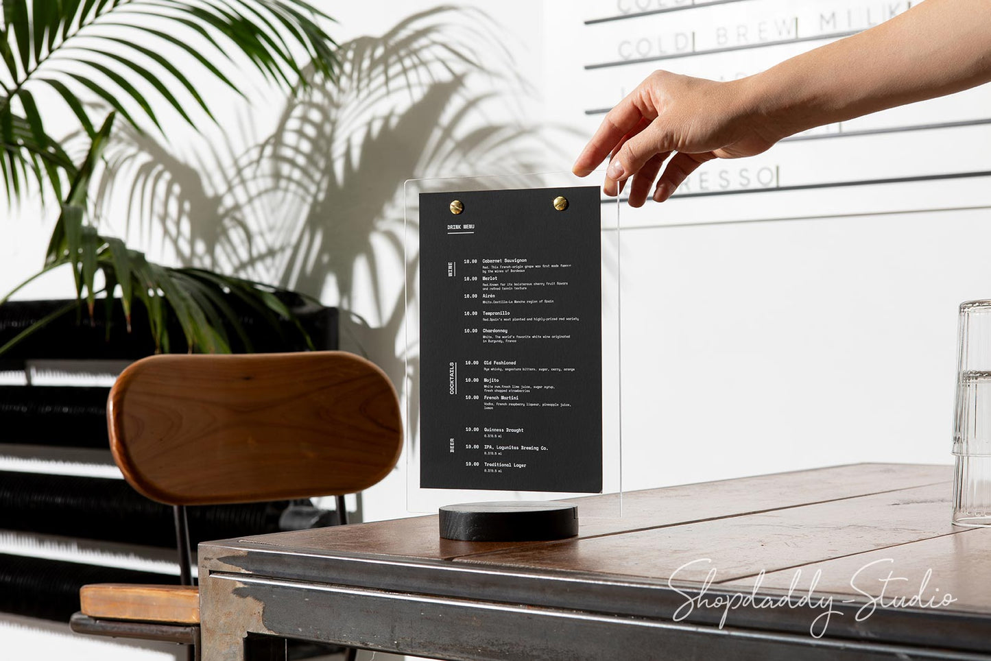 Acrylic Table Top Display with Wooden Black Round Stand for breakfast menu