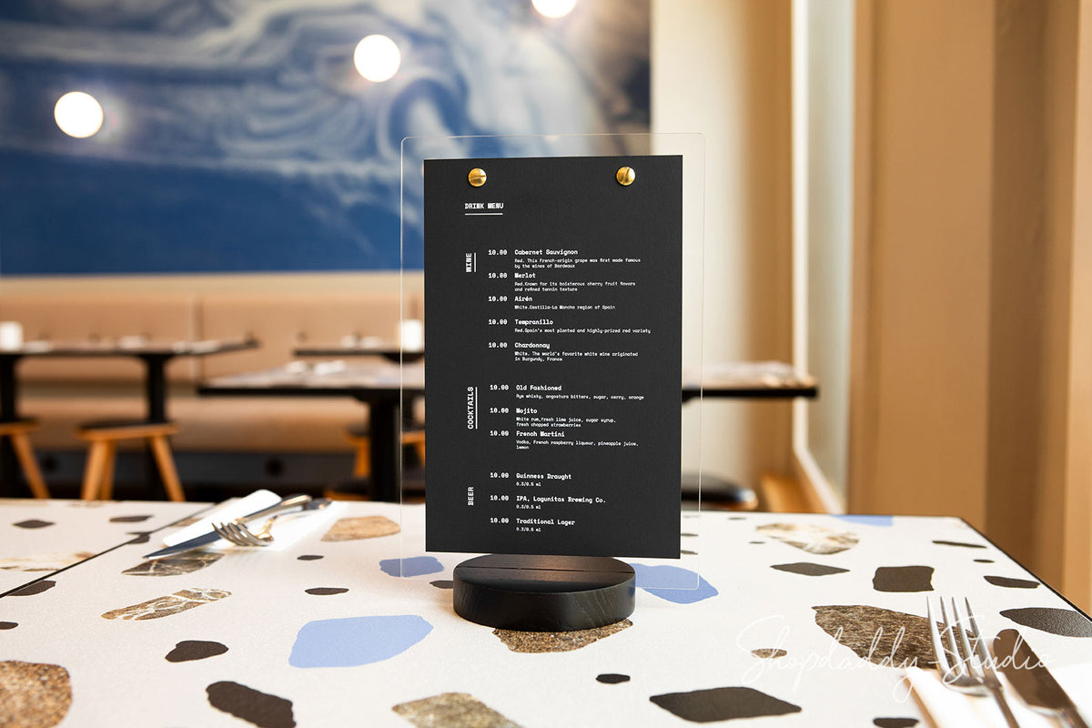 Acrylic Table Top Display with Wooden Black Round Stand for drink menu