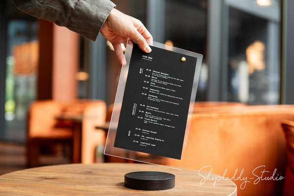 Acrylic Table Top Display with Wooden Black Round Stand for restaurant