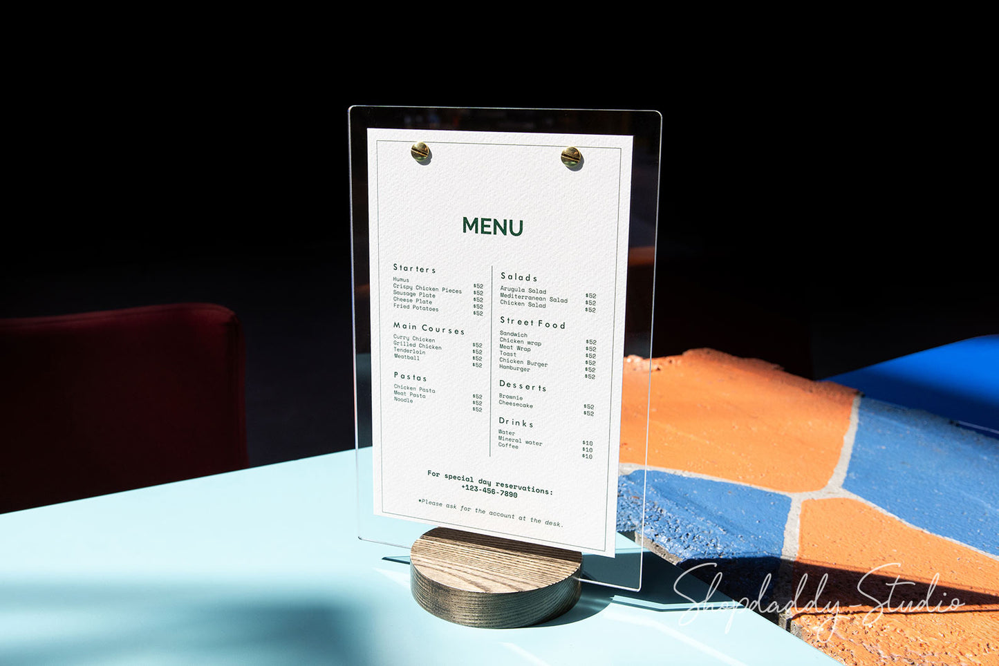 Acrylic Table Top Display with Wooden Walnut Round Stand for restaurant