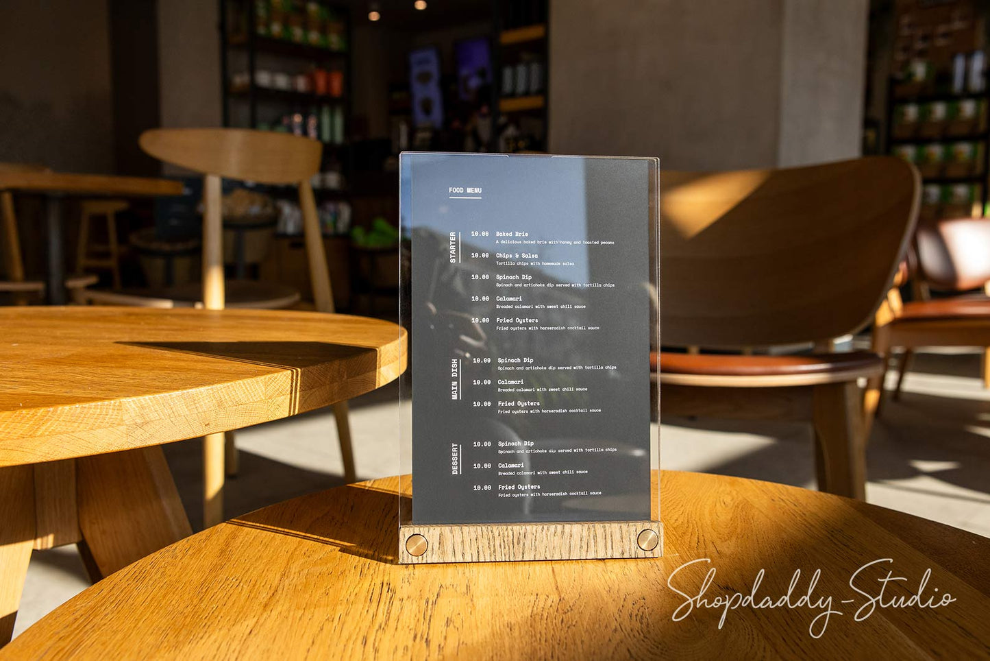 Acrylic Table Top Flyer Holder with Walnut Ashwood Stand and Brass Screws for beverage menu