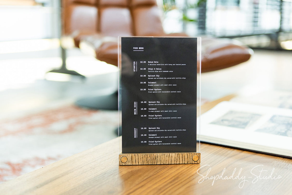 Acrylic Table Top Flyer Holder with Walnut Ashwood Stand and Brass Screws for cocktail menu