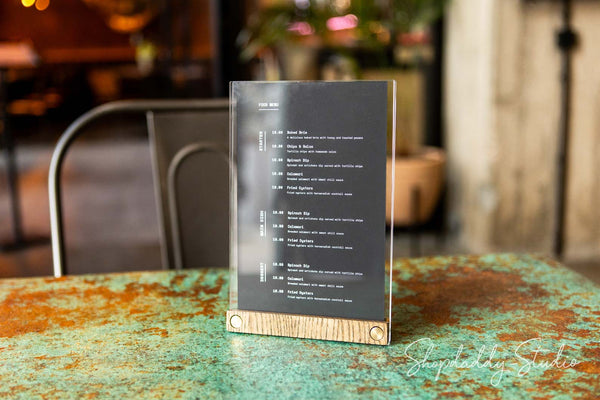 Acrylic Table Top Flyer Holder with Walnut Ashwood Stand and Brass Screws for pub