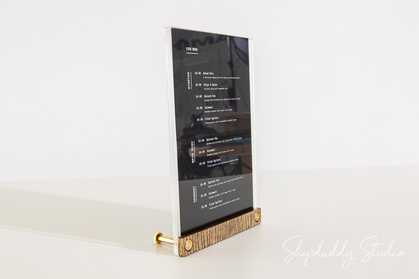 Acrylic Table Top Flyer Holder with Walnut Ashwood Stand and Brass Screws for reception