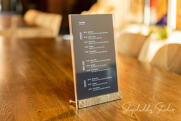 Acrylic Table Top Flyer Holder with Walnut Ashwood Stand and Brass Screws for wedding