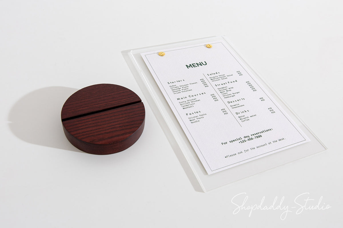 Acrylic Table Top Flyer Holder with Wooden Mahogany Round Stand for restaurant