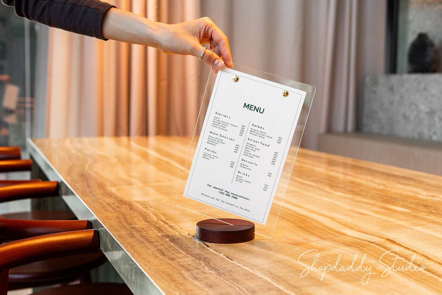 Acrylic Table Top Menu Display with Wooden Mahogany Round Stand for restaurant