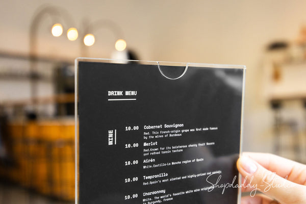 Acrylic Table Top Menu Holder with Black Ashwood Stand and Brass Screws for Cafe 2