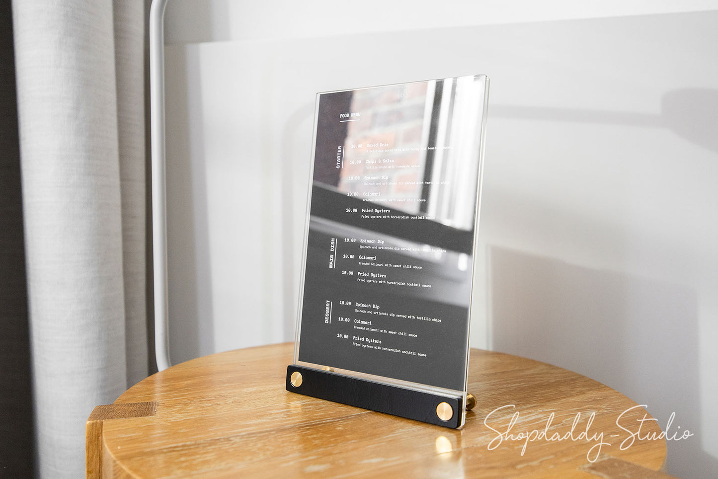 Acrylic Table Top Menu Holder with Black Ashwood Stand and Brass Screws  for Restaurant