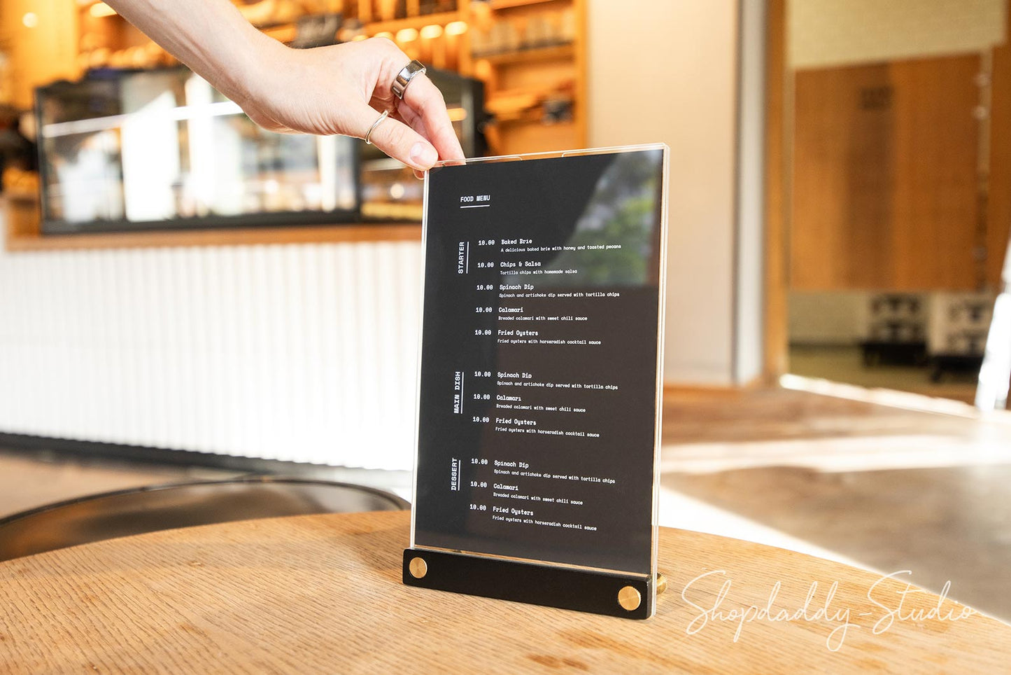 Acrylic Table Top Menu Holder with Black Ashwood Stand and Brass Screws for hotel