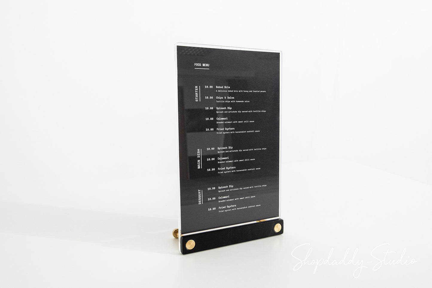 Acrylic Table Top Menu Holder with Black Ashwood Stand and Brass Screws in details