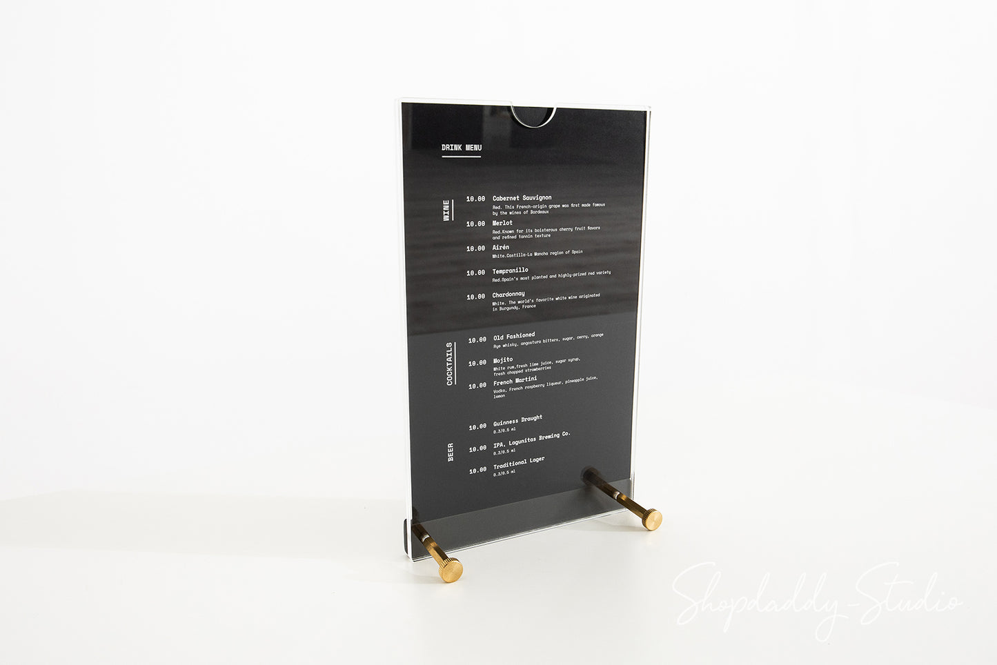 Acrylic Table Top Menu Holder with Black Ashwood Stand and Brass Screws  in gold