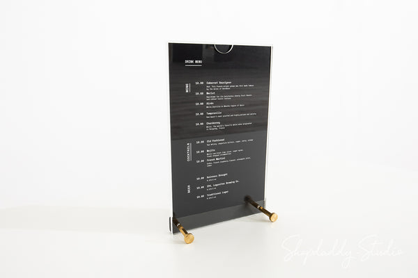 Acrylic Table Top Menu Holder with Black Ashwood Stand and Brass Screws  in gold