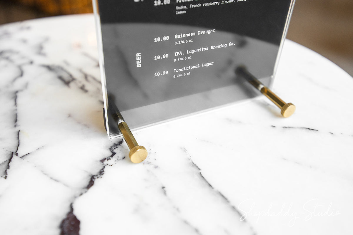 Acrylic Table Top Menu Holder with Black Ashwood Stand and Brass Screws in gold color