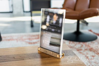 Acrylic Table Top Menu Holder with Walnut Ashwood Stand and Brass Screws