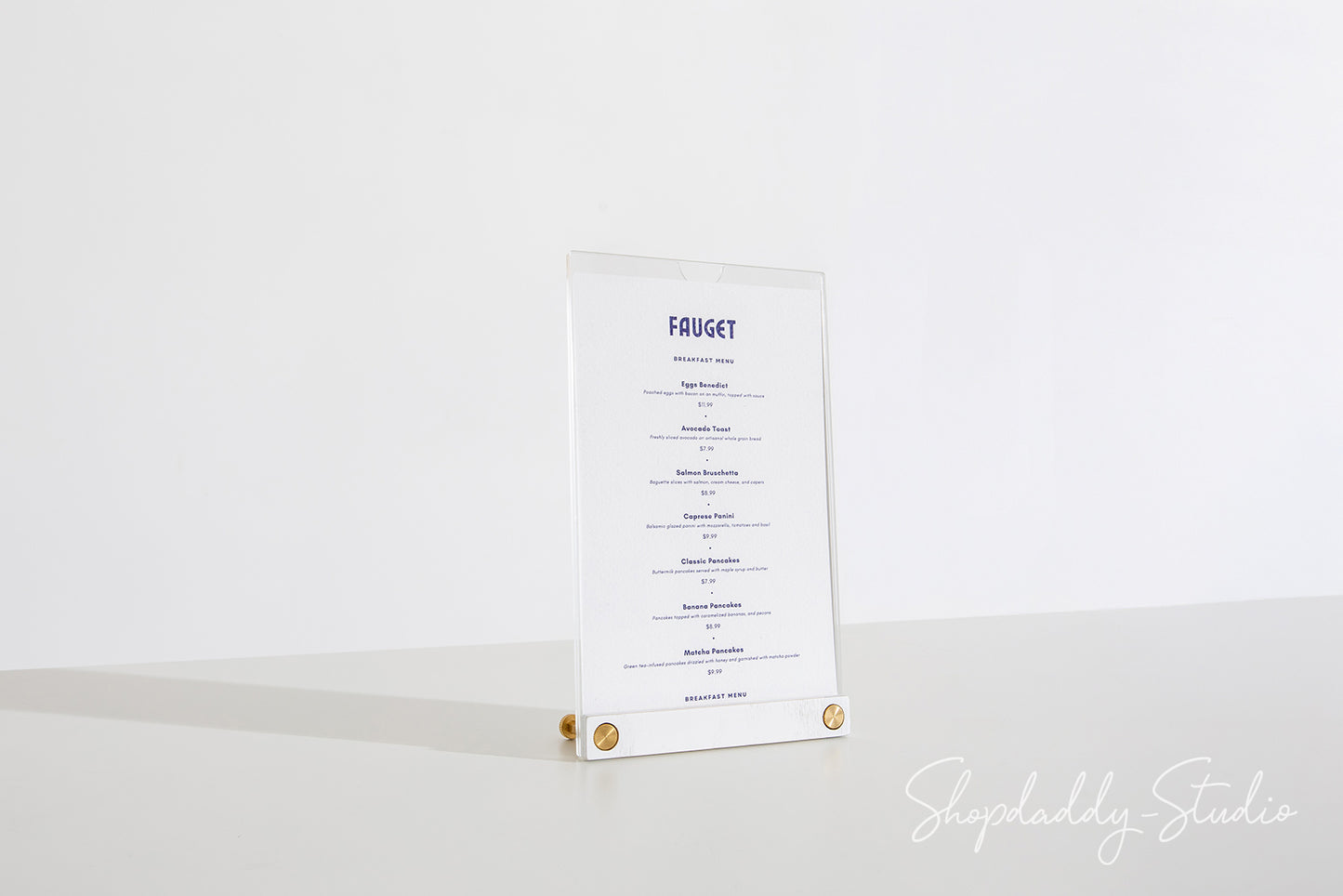 Acrylic Table Top Menu Holder with White Ashwood Stand and Brass Screws for Hospitality