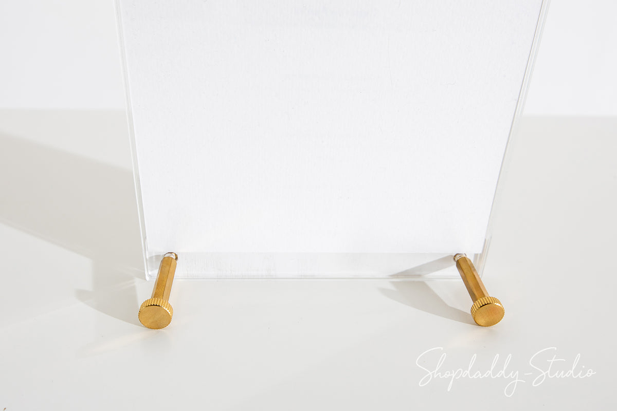 Acrylic Table Top Menu Holder with White Ashwood Stand and Brass Screws for Tabletop Menus