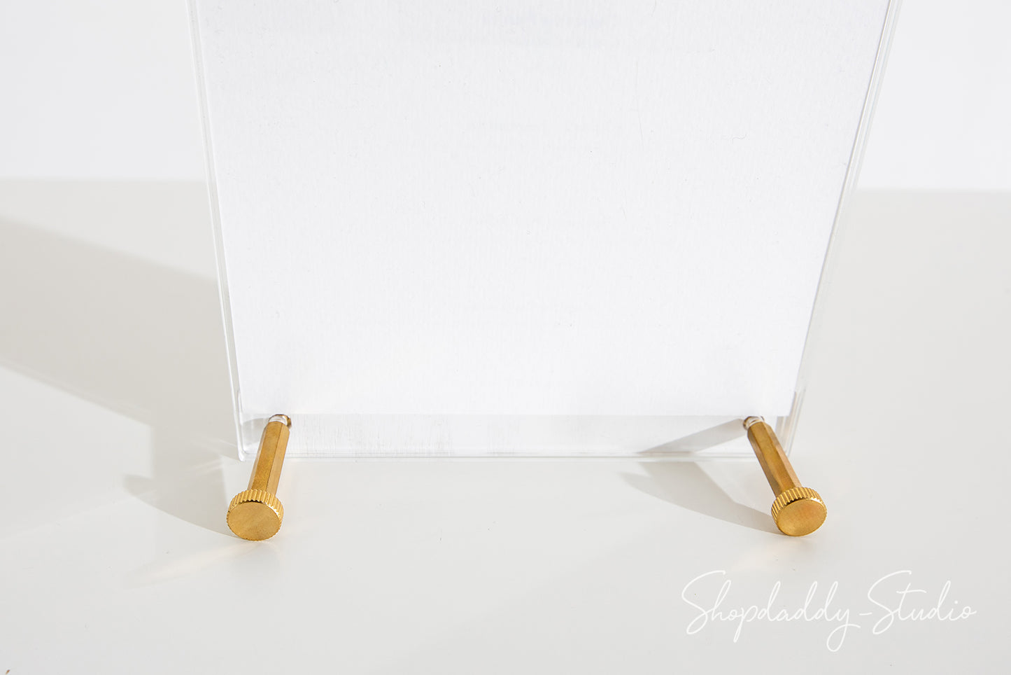 Acrylic Table Top Menu Holder with White Ashwood Stand and Brass Screws for Tabletop Menus