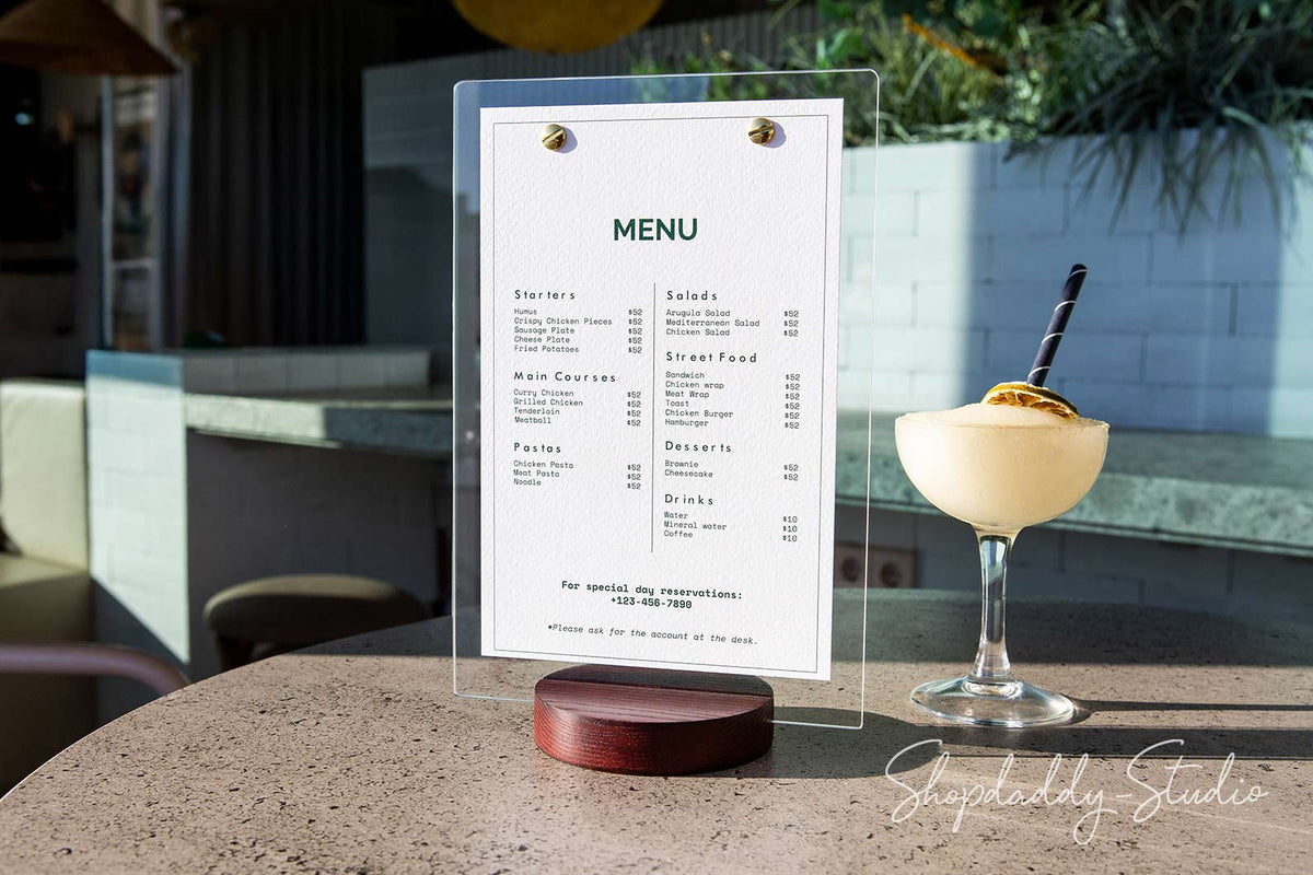 Acrylic Table Top Menu Holder with Wooden Mahogany Round Stand for restaurant