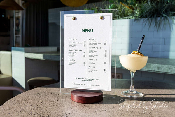 Acrylic Table Top Menu Holder with Wooden Mahogany Round Stand for restaurant