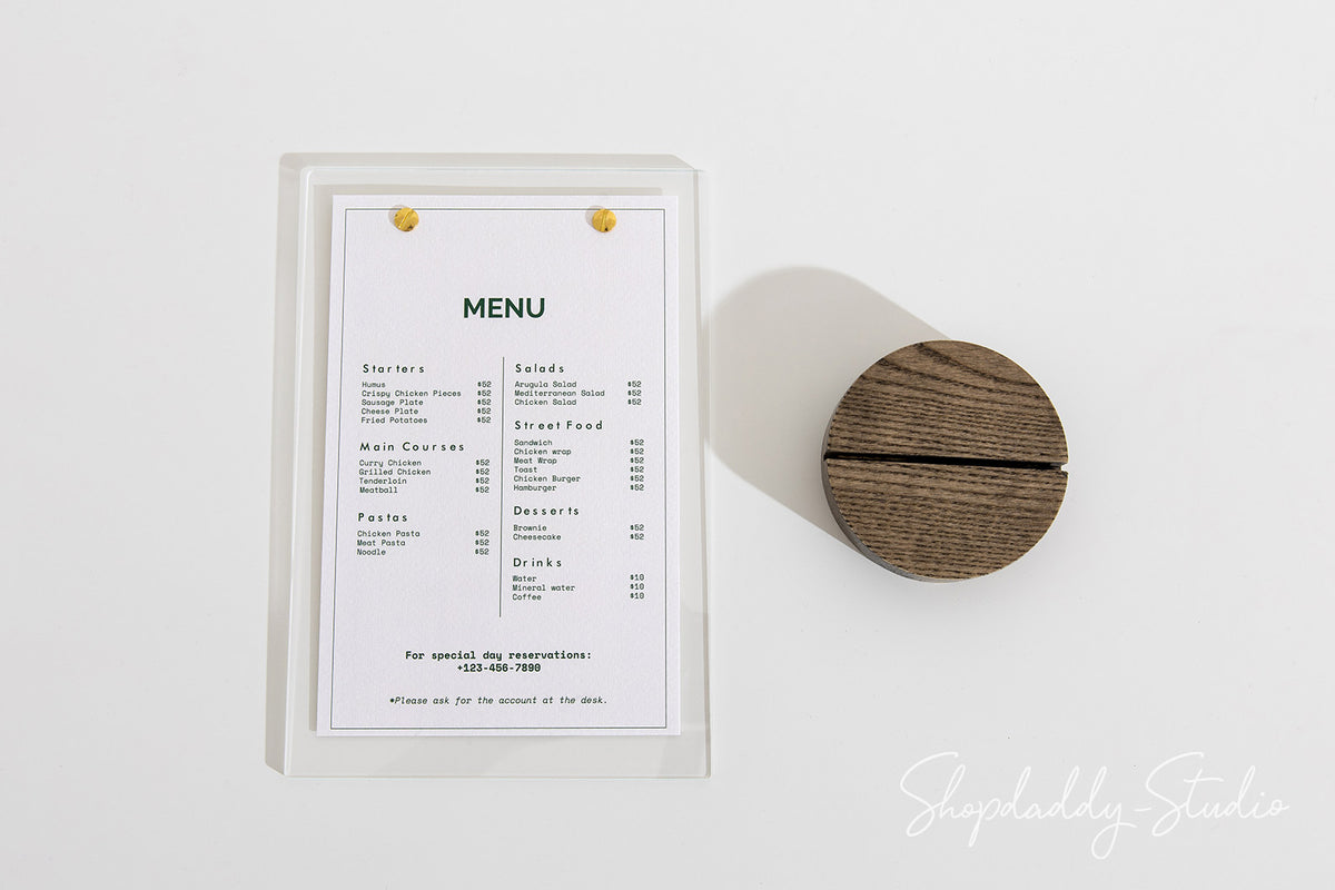 Acrylic Table Top Menu Holder with Wooden Walnut Round Stand for cafe