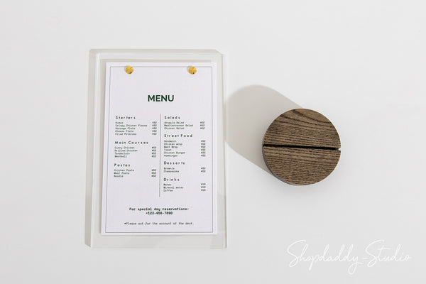 Acrylic Table Top Menu Holder with Wooden Walnut Round Stand for cafe