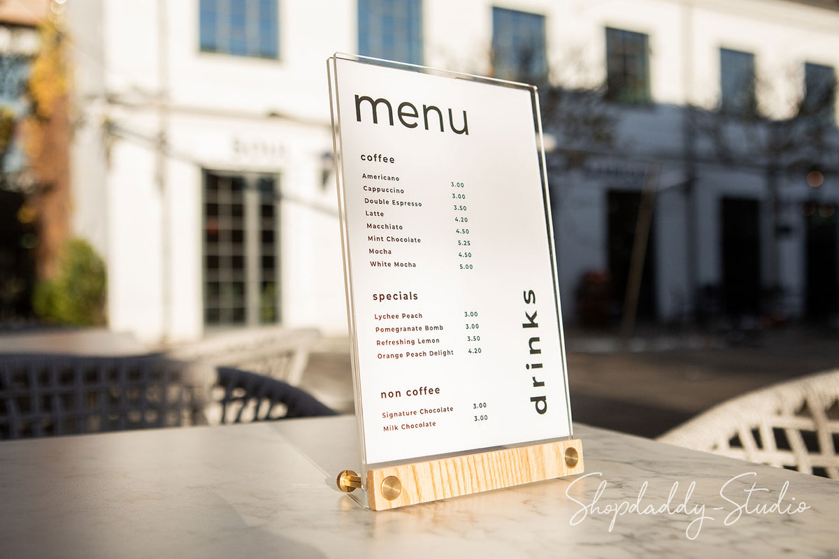 Acrylic Table Top Menu Stand with Double Transparent Sleeve for cafes