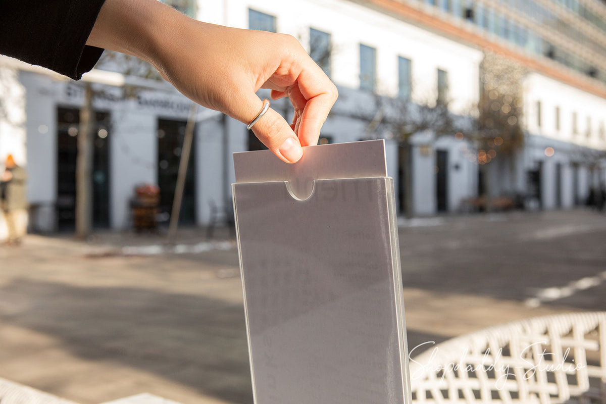 Acrylic Table Top Menu Stand with Double Transparent Sleeve for restaurants