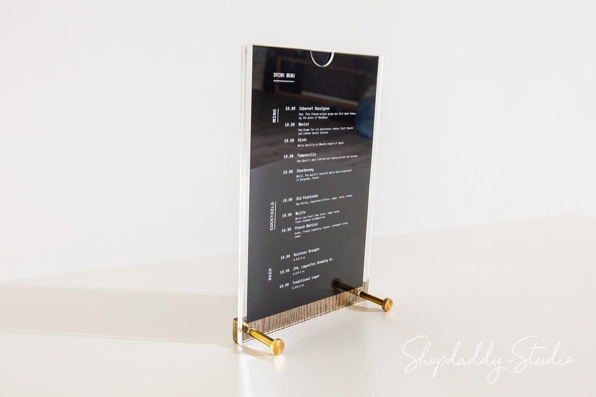 Acrylic Table Top Sign Holder with Walnut Ashwood Stand and Brass Screws for hotel