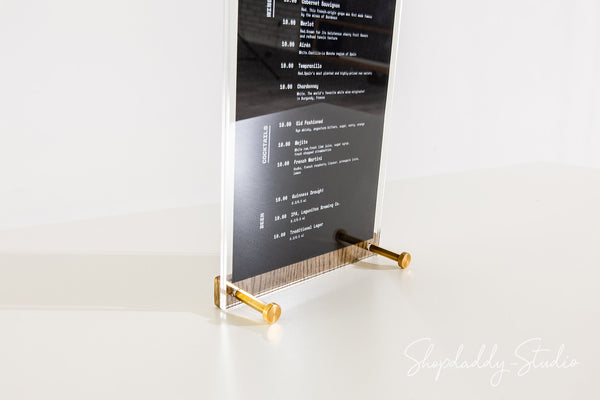 Acrylic Table Top Sign Holder with Walnut Ashwood Stand and Brass Screws for reception