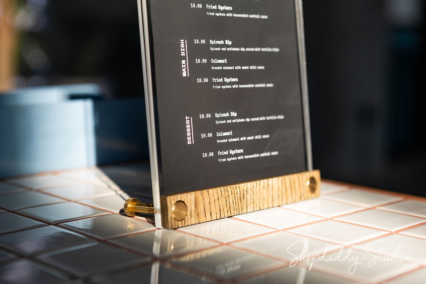 Acrylic Table Top Sign Holder with Walnut Ashwood Stand and Brass Screws for restaurant