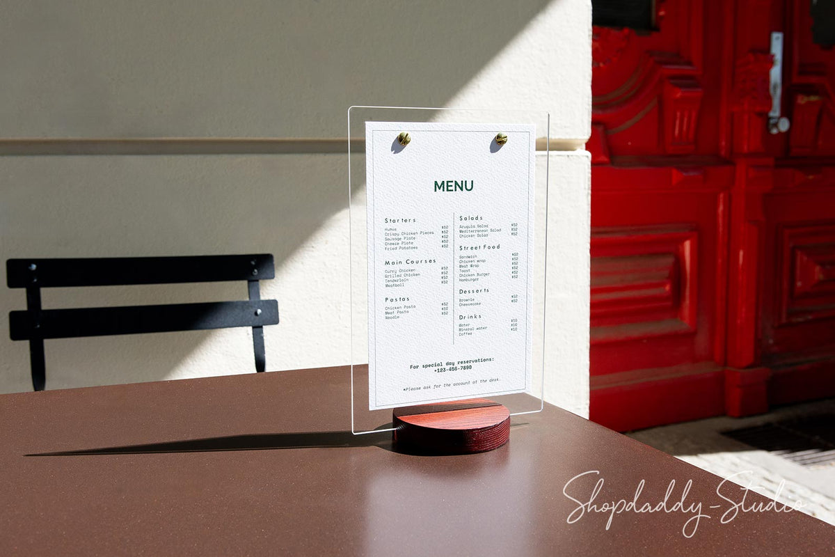 Acrylic Table Top Sign Holder with Wooden Mahogany Round Stand for restaurant