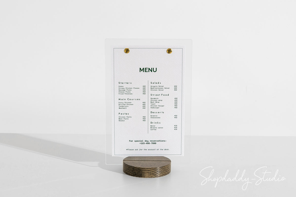 Acrylic Table Top Sign Holder with Wooden Walnut Round Stand for cafe