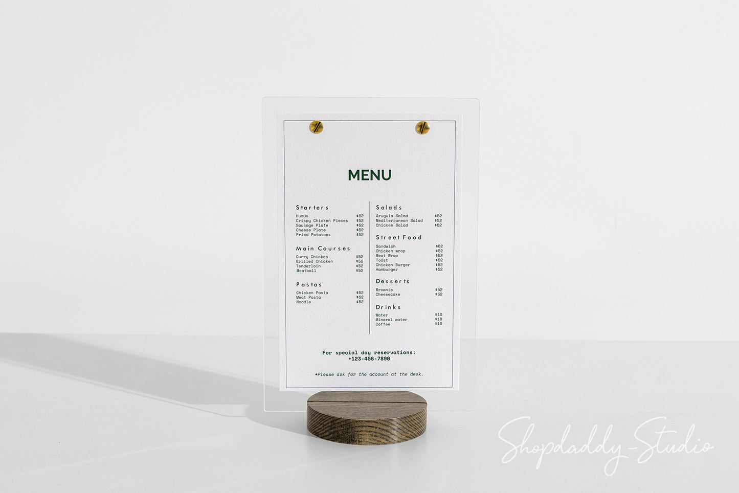 Acrylic Table Top Sign Holder with Wooden Walnut Round Stand for cafe