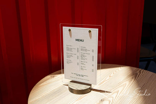 Acrylic Table Top Sign Holder with Wooden Walnut Round Stand for reception