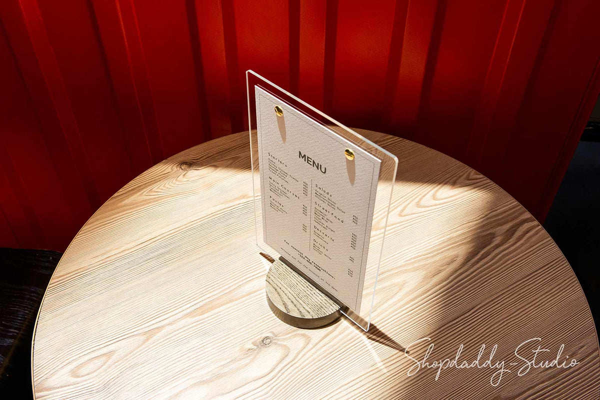 Acrylic Table Top Sign Holder with Wooden Walnut Round Stand for restaurant