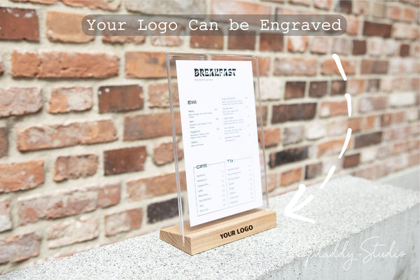 Acrylic Table Tent with Matt Lacquer Wooden Inclined Base with your logo for restaurant