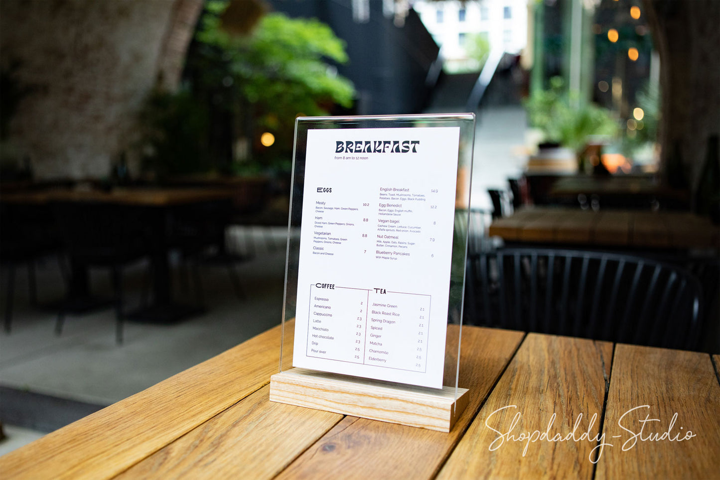 Acrylic Table Tent with Matt Lacquer Wooden Inclined Base with your logo for breakfast menu