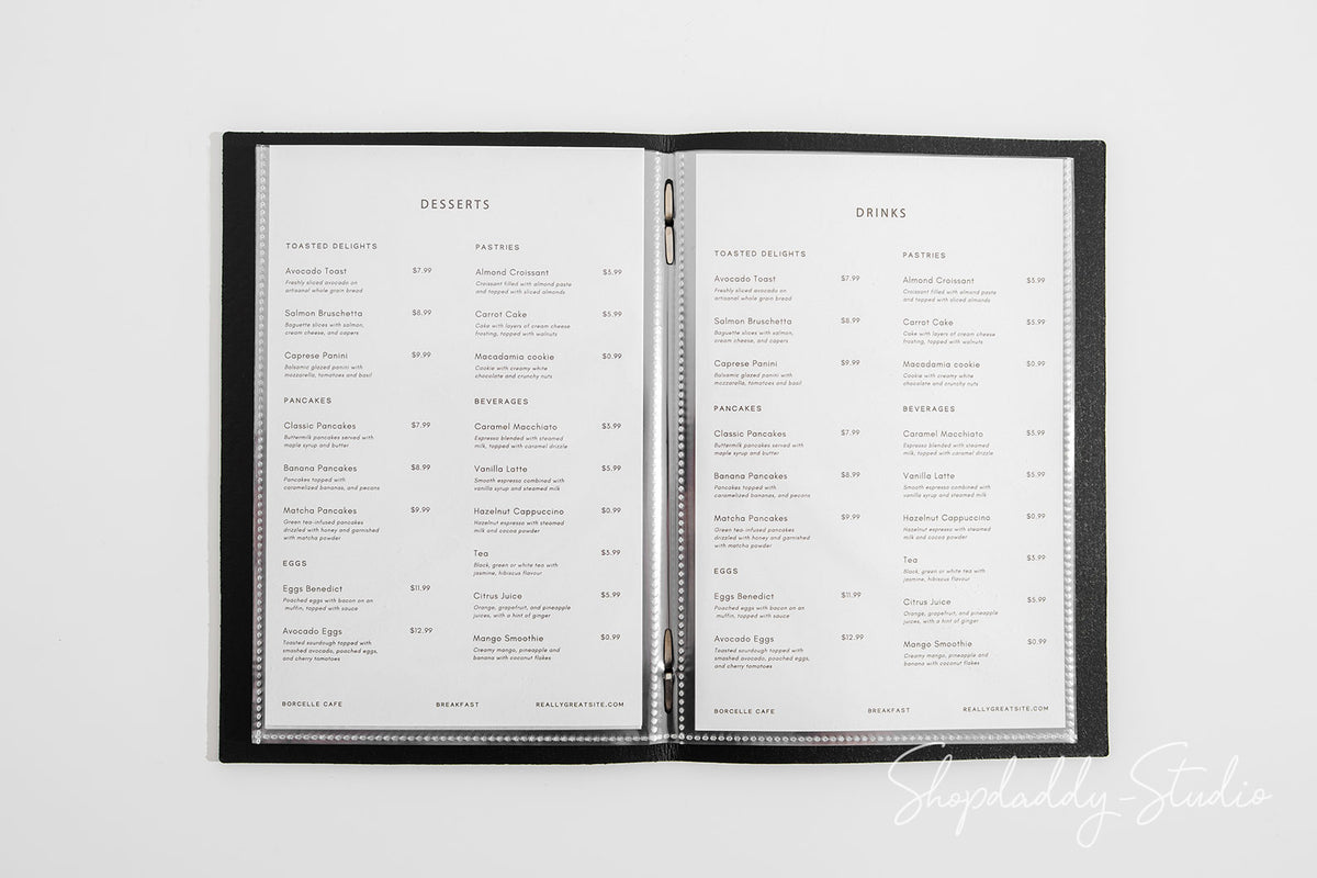 Antique Black Recycled Leather Menu Cover With Plastic Sleeves for restaurant