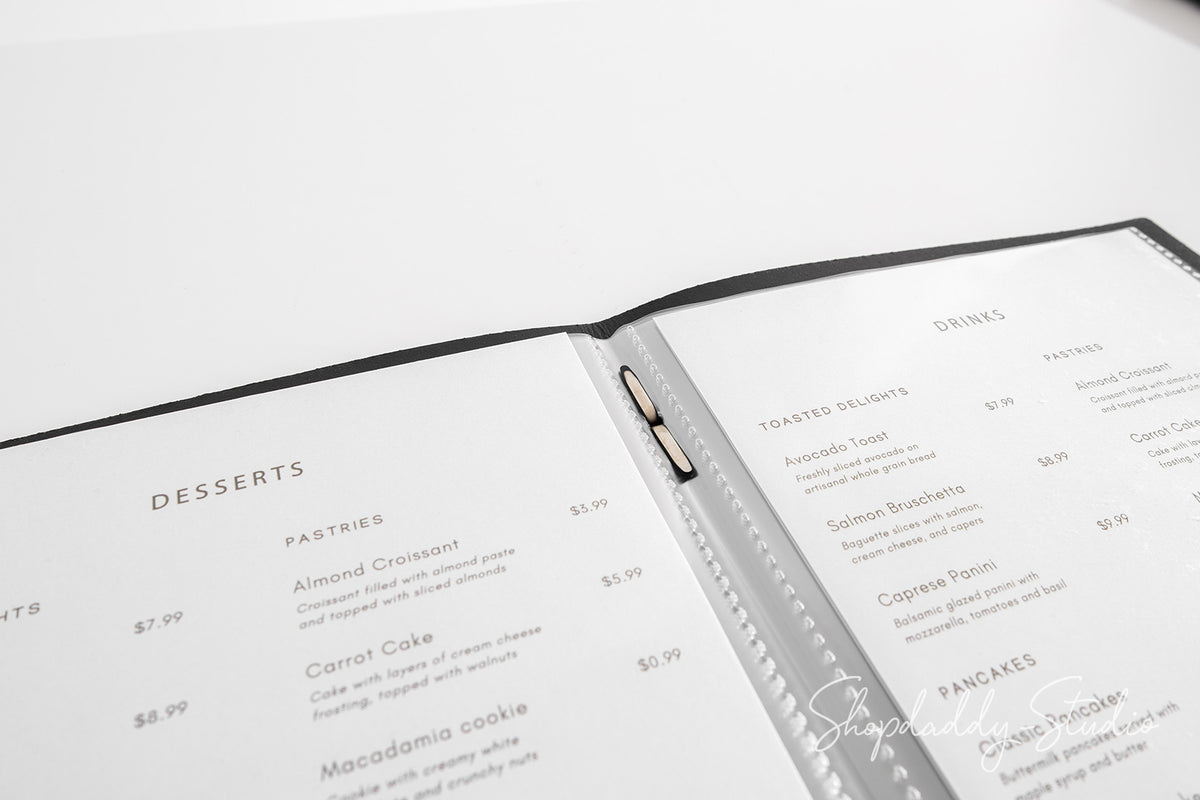 Antique Black Recycled Leather Menu Cover With Plastic Sleeves for restaurant in details