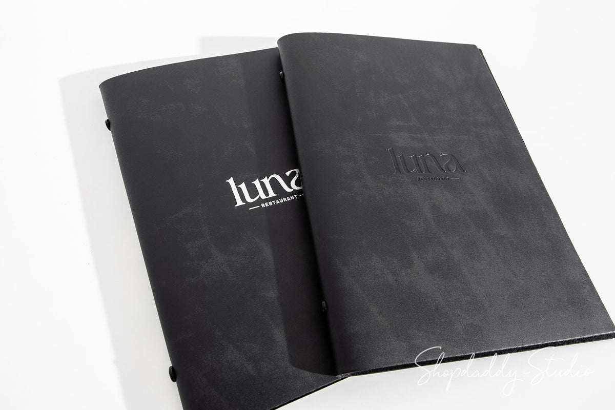 Antique Black Recycled Leather Menu Cover With Plastic Sleeves with 2 logo