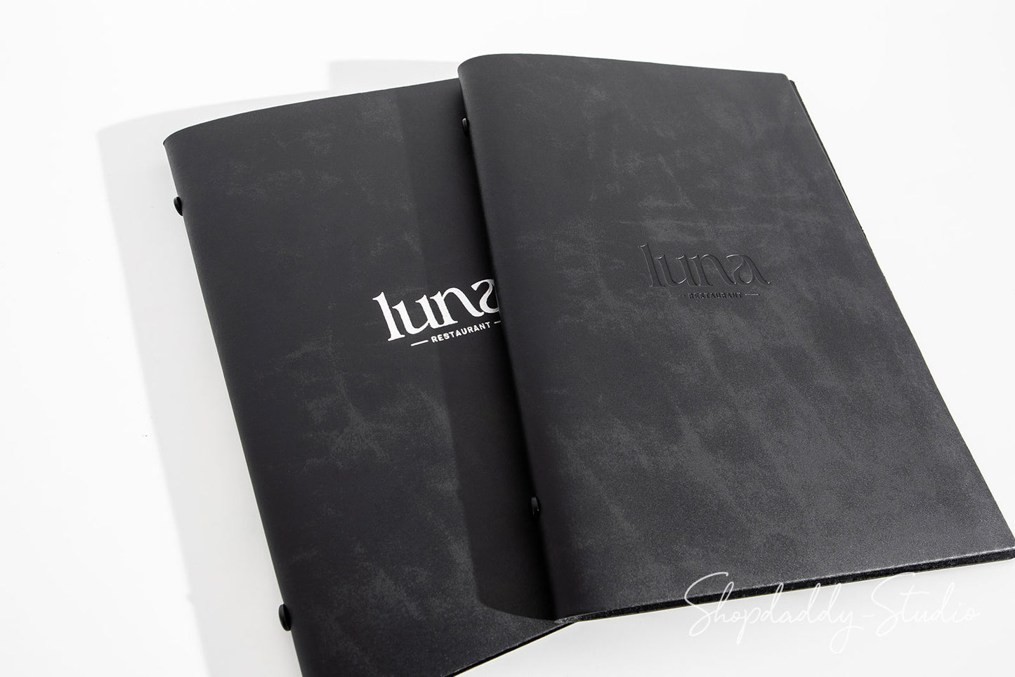 Antique Black Recycled Leather Menu Cover With Plastic Sleeves with 2 logo
