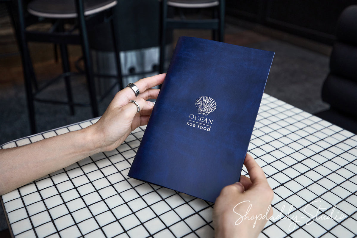 Antique Blue Recycled Leather Menu Cover with Rings Mechanism for Hospitality