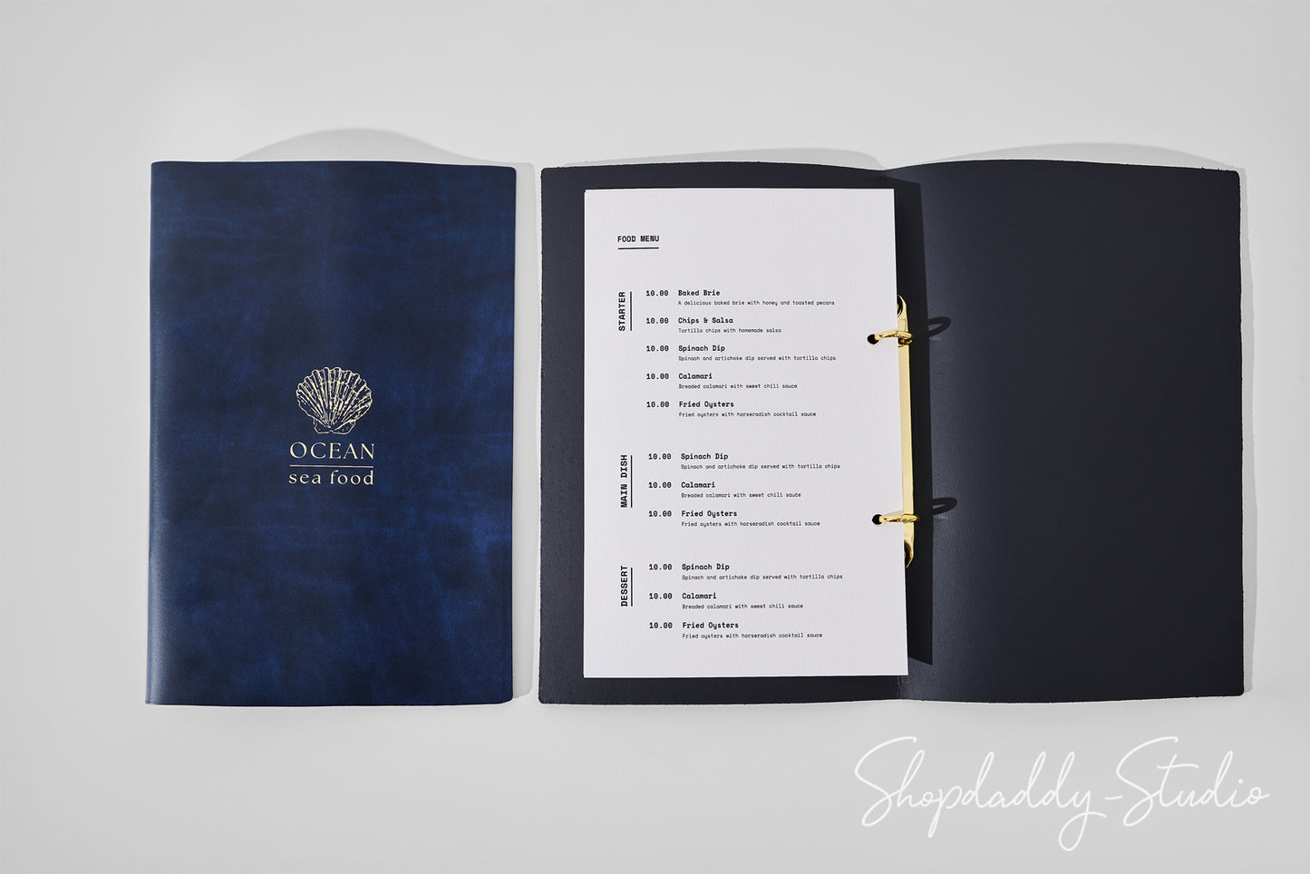 Antique Blue Recycled Leather Menu Cover with Rings Mechanism for Menu Presentation