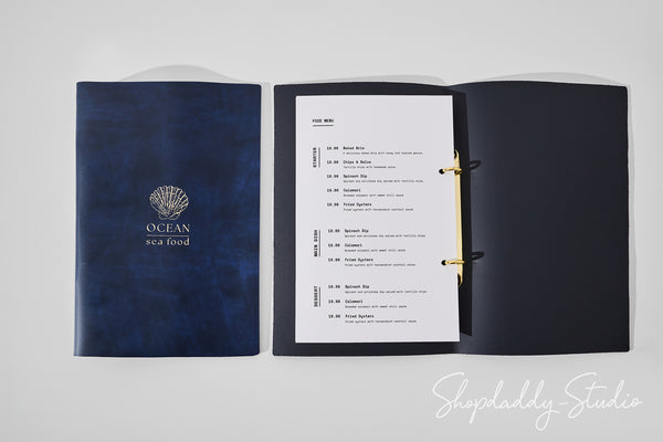 Antique Blue Recycled Leather Menu Cover with Rings Mechanism for Menu Presentation