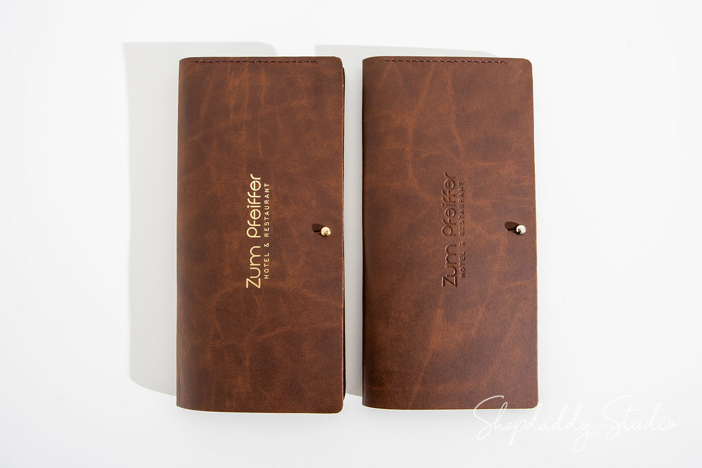 Antique Brown Recycled Leather Bill Holder With Button Stud for restaurant